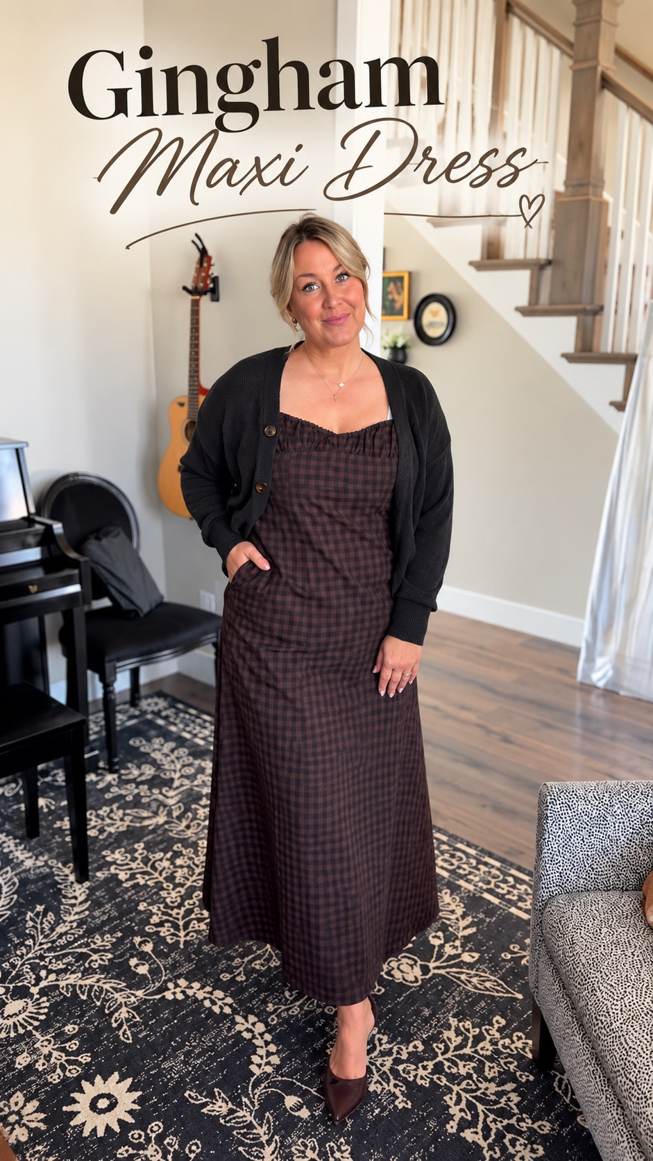 Size up on dress! 

The prettiest gingham maxi dress for fall