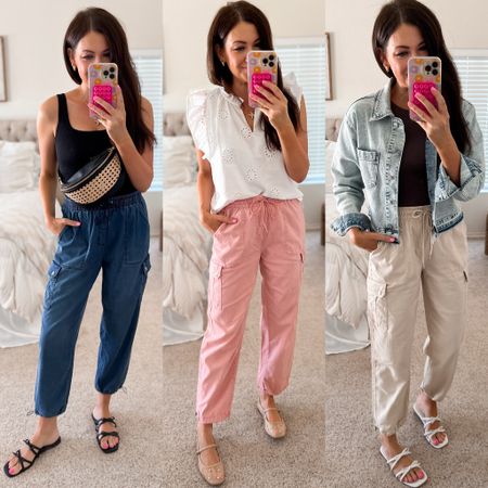 $22 Walmart, cargo joggers! as seen in stylingwithkayla reel 🤍 
Wearing an extra small and the pink and khaki  and a small in the chambray
I definitely prefer the fit of the extra small if you’re between sizes go down . 

#LTKSeasonal #LTKstyletip #LTKfindsunder50