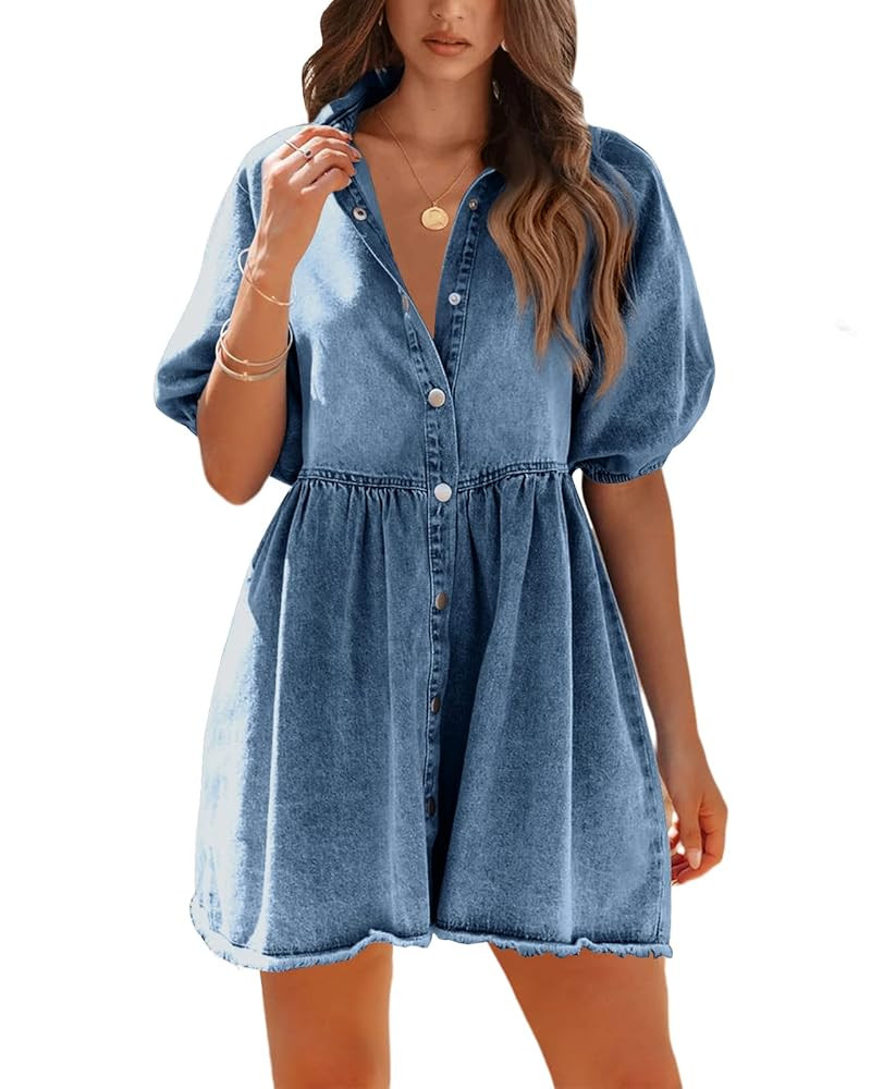 Pepochic Womens Summer Denim Dress Button Down Short Sleeve Babydoll Dress Puff Sleeve Flowy Jean... | Amazon (US)