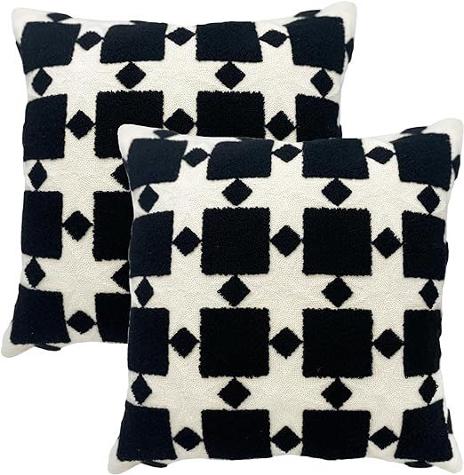 18 x 18 Inches Modern Geometric Throw Pillow Cover Set of 2, Boho Embroidery Pillowcase, Black an... | Amazon (US)