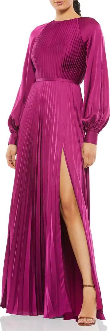 Pleated Long Sleeve Satin A-Line Gown | Nordstrom