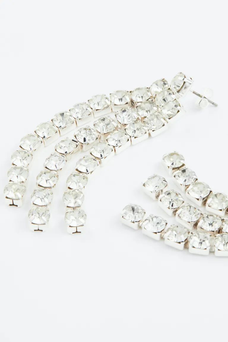 Long Rhinestone Earrings - Silver-colored - Ladies | H&M US | H&M (US)