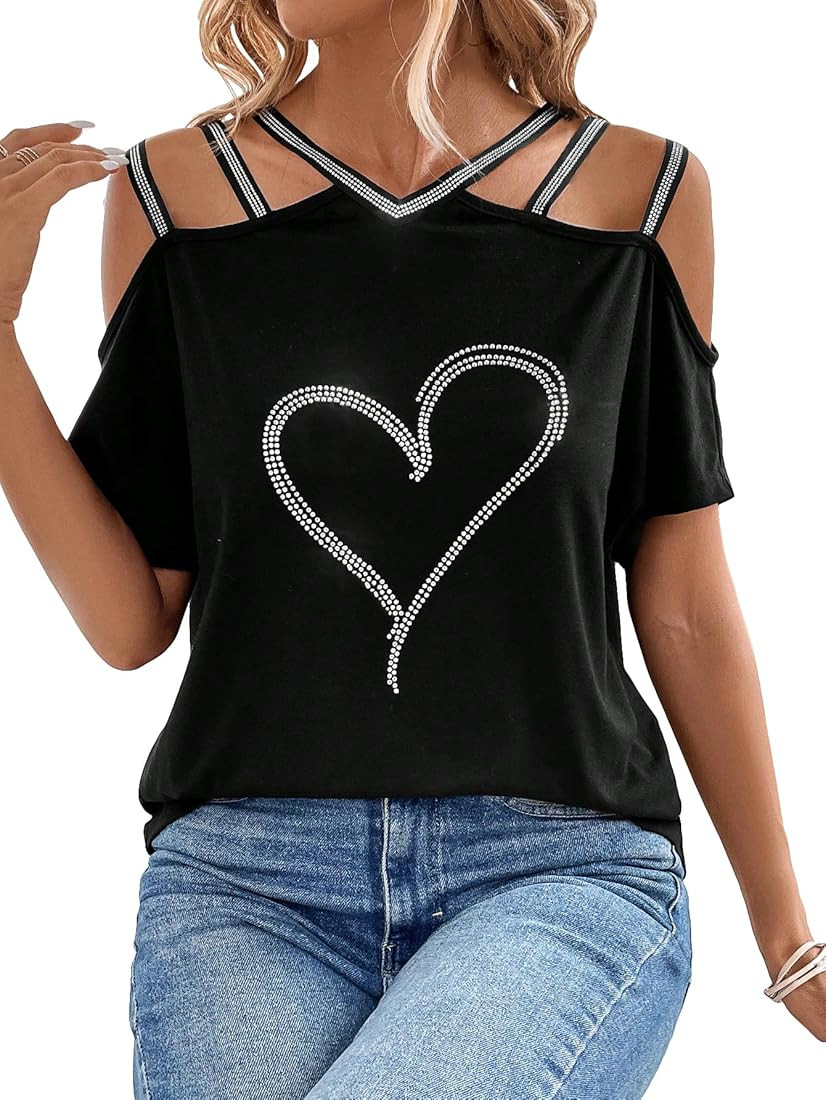 SOLY HUX Women's Heart Rhinestone Cold Shoulder Short Sleeve Tee Cut Out T Shirt Top | Amazon (US)