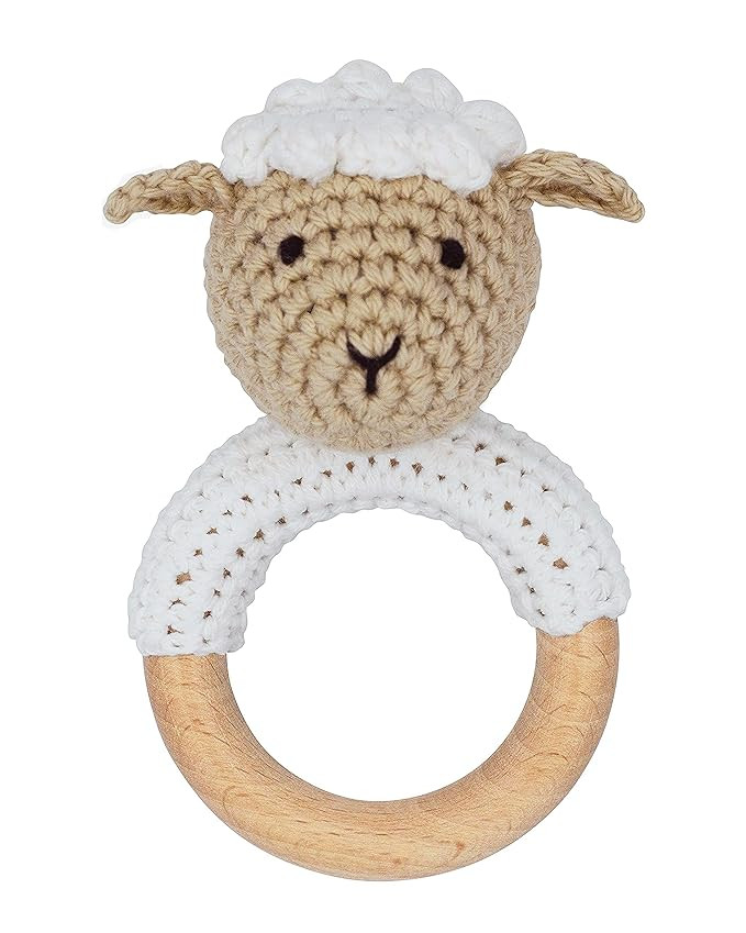 Joliecraft Natural Wooden Baby Rattle Soft Shaker Toy with Teething Ring for Infants Cream Lamb | Amazon (US)