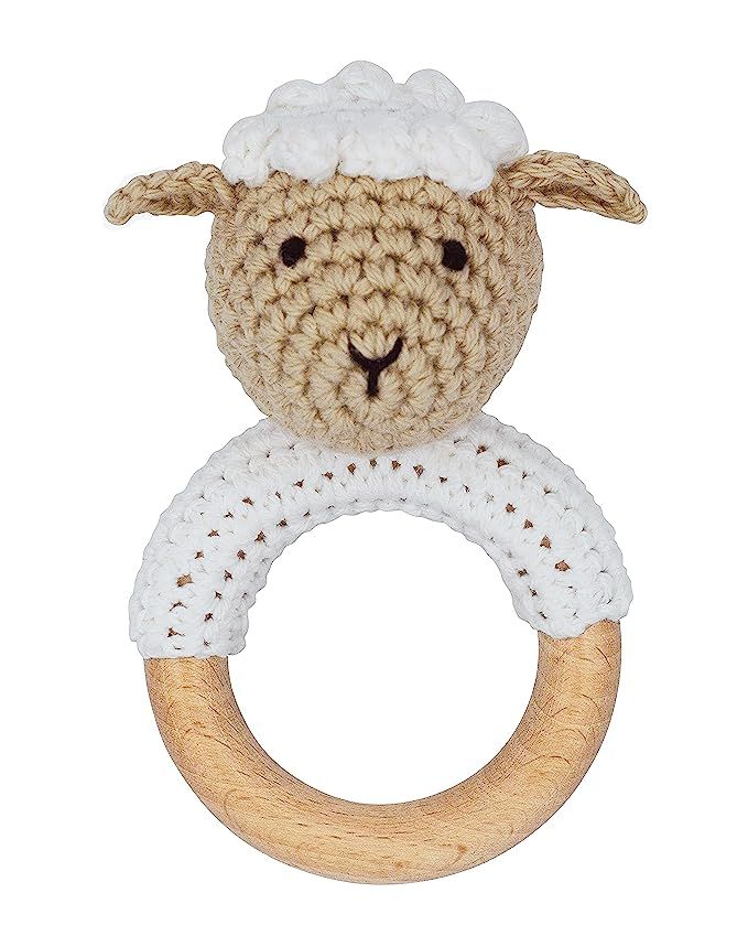 Joliecraft Natural Wooden Baby Rattle Soft Shaker Toy with Teething Ring for Infants Cream Lamb | Amazon (US)