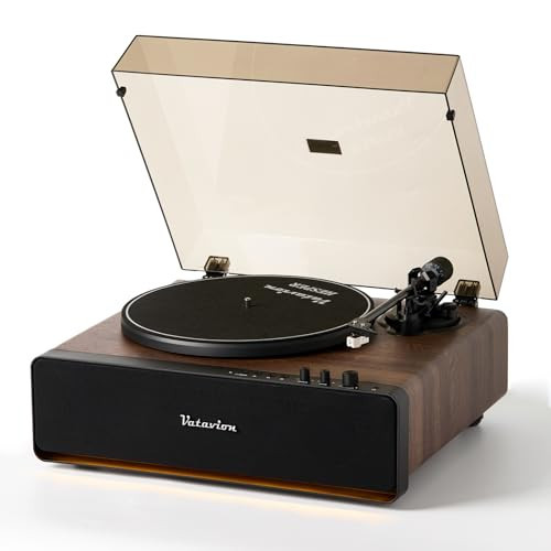 VATAVION-Vinyl-Record-Player, High Fidelity Belt Drive Turntable for Vinyl Records 33/45 RPM with MM Cartridge AT-3600L, Phono Preamp, Bluetooth Record Player with LED Light, Auto Off (Walnut Wood) | Amazon (US)