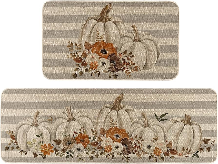 Fall Pumpkins with Flowers Grey Stripes Kitchen Rugs Set of 2, Autumn Harvest Thanksgiving Home D... | Amazon (US)