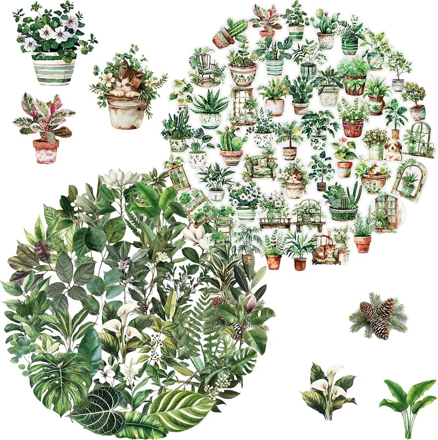 100PCS Green Plant Transparent Stickers,Potted Plant Floral Decals Stickers for Scrapbook Laptop ... | Amazon (US)