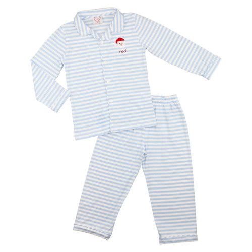 Blue Stripe Embroidered Santa Button Down Pajamas | Cecil and Lou