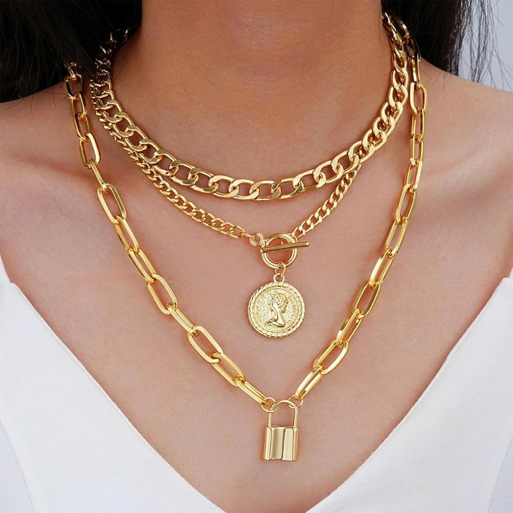 Punk Multilayer Cuban Chain Paperclip Chain Round Portrait Pendant OT Buckle Necklace | Amazon.co... | Amazon (US)