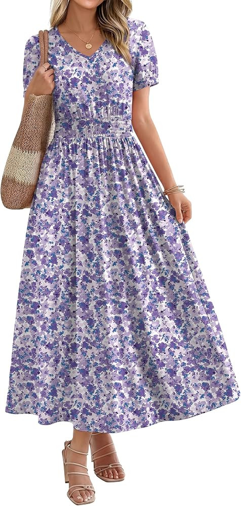 OFEEFAN Maxi Dresses for Women V Neck Ladies Midi Long Dress A Line Smocked Waisted Casual Summer... | Amazon (US)