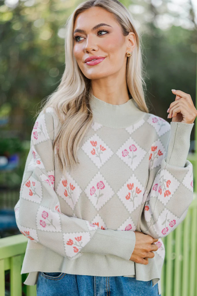 Perfectly You Sage Floral Argyle Cropped Sweater | The Mint Julep Boutique