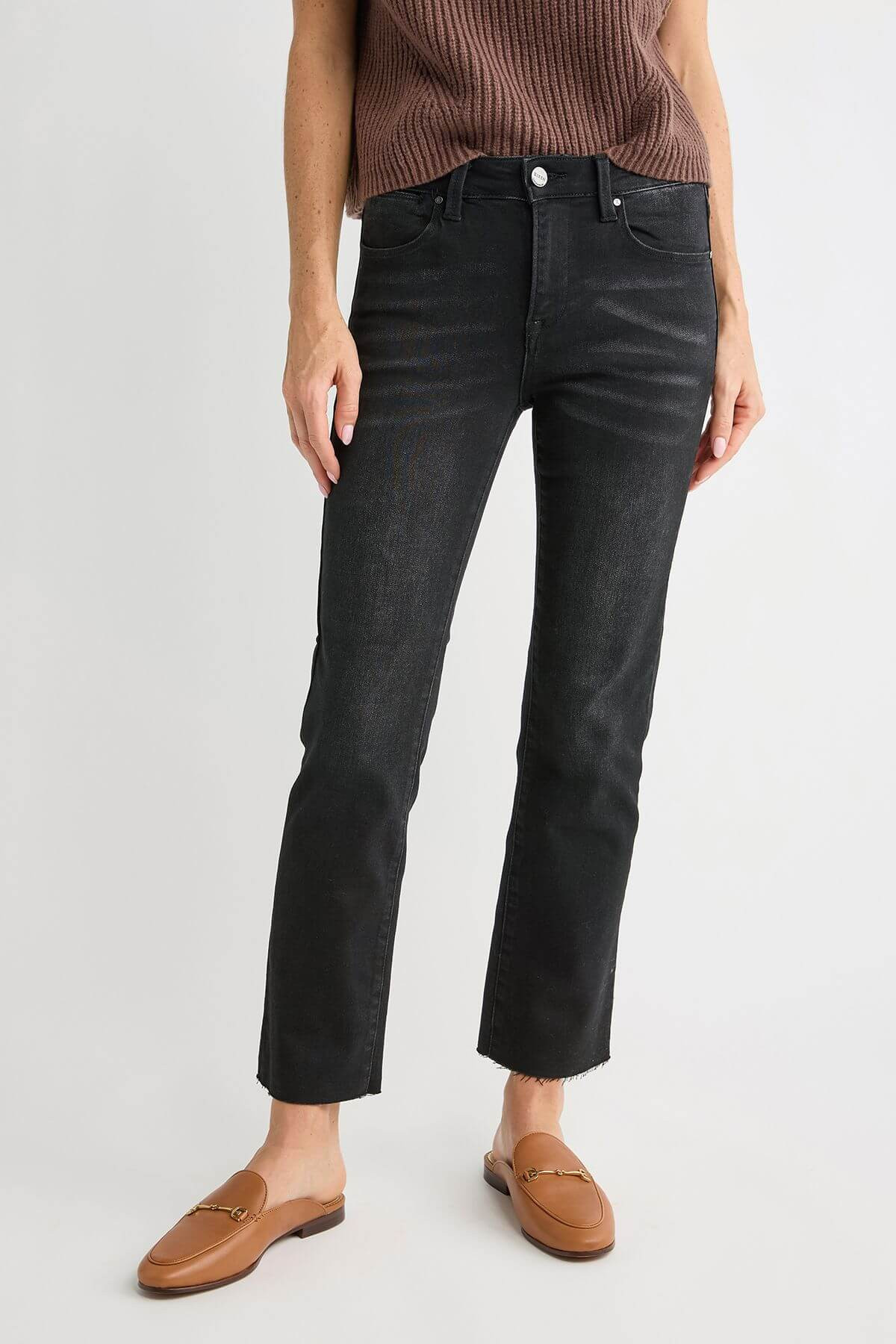 Risen Raw Hem Black Straight Leg Jeans | Social Threads