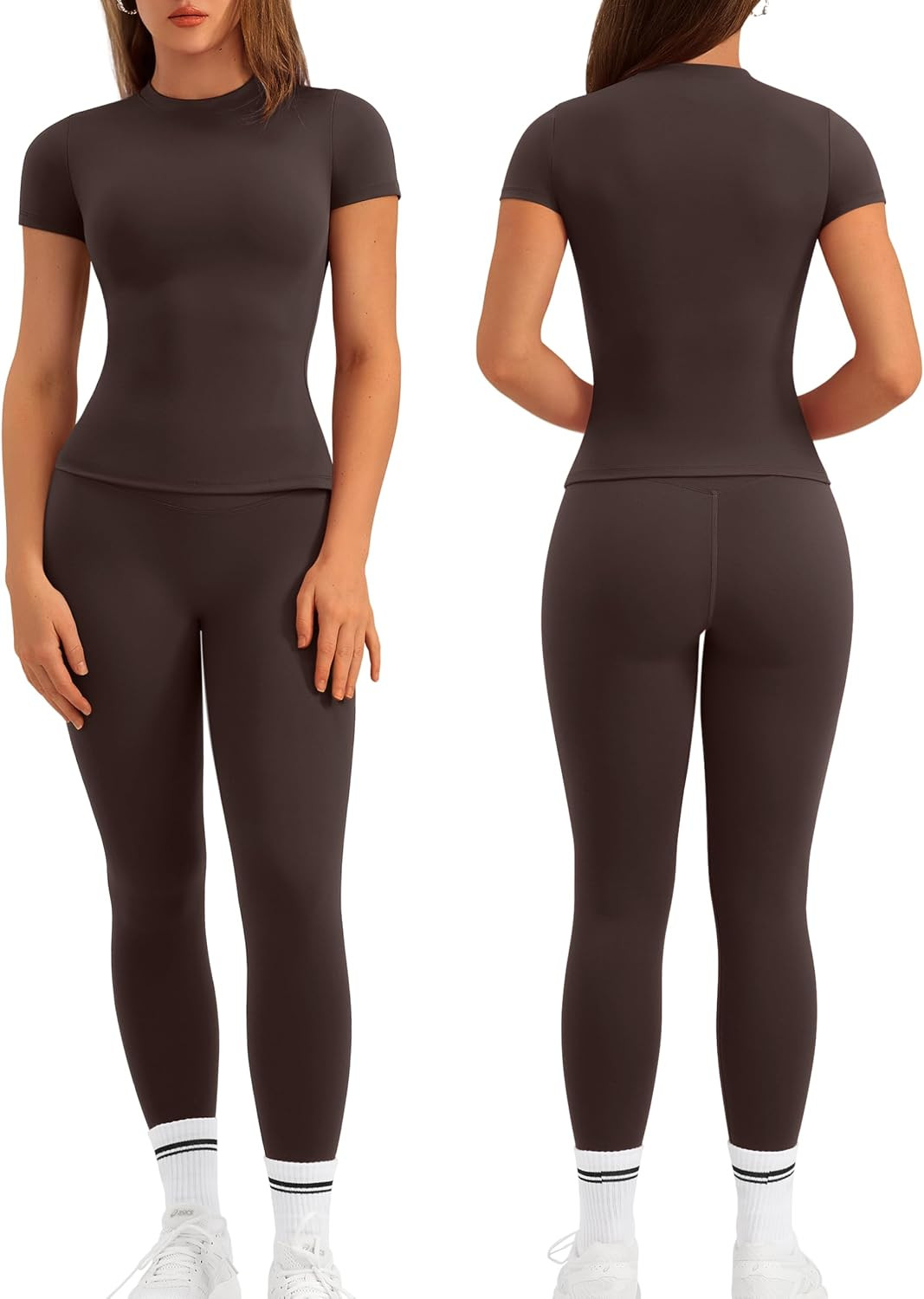 Relety Womens 2 Piece Workout Sets Short Sleeve Shirt High Waist Leggings | Amazon (US)