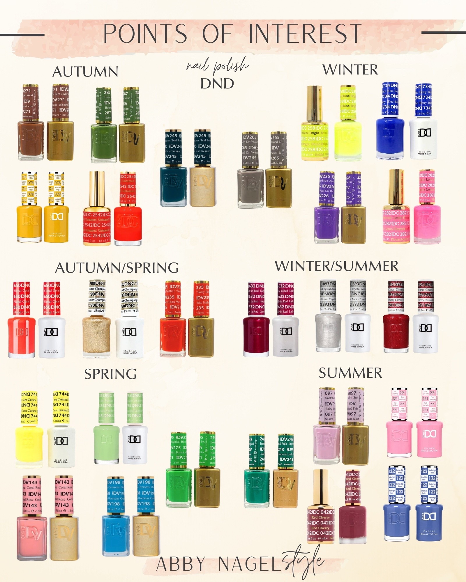 Polish by season 
Autumn: untamed, House plant, mustard high, western cedar, teal treasure

Winter: driftwood, lotus flower bomb, berry blue, shine bright, acai on the prize

Spring: voodoo, caramel corn, coral rose, overseas, botanical bless

Summer: imperial Jade, snatched fairy, trust fund baby, red cherry, denim high heels

Autumn/Spring: floral coral, winter champagne, sorry there was traffic

Summer/Winter: Crystal aura, lady in red, cherry citrus ￼
