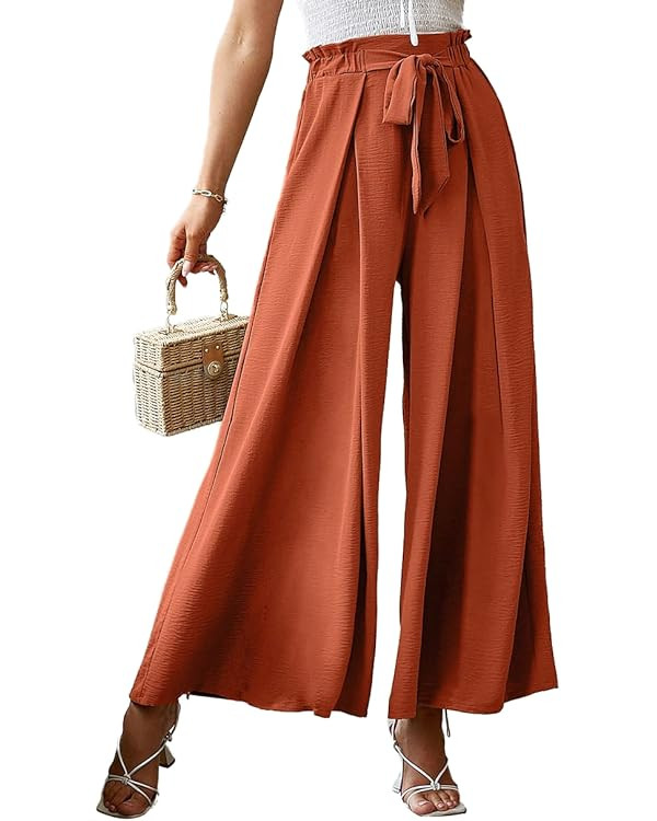 BerryGo Women's Boho Linen Flowy High Waisted Pants Elegant Split Stripe Wide Leg Pants | Amazon (US)