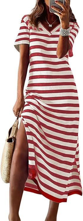 Dokotoo Womens Summer Casual Trendy 2026 Short Sleeve Maxi Dress Striped Split Vacation Color Blo... | Amazon (US)