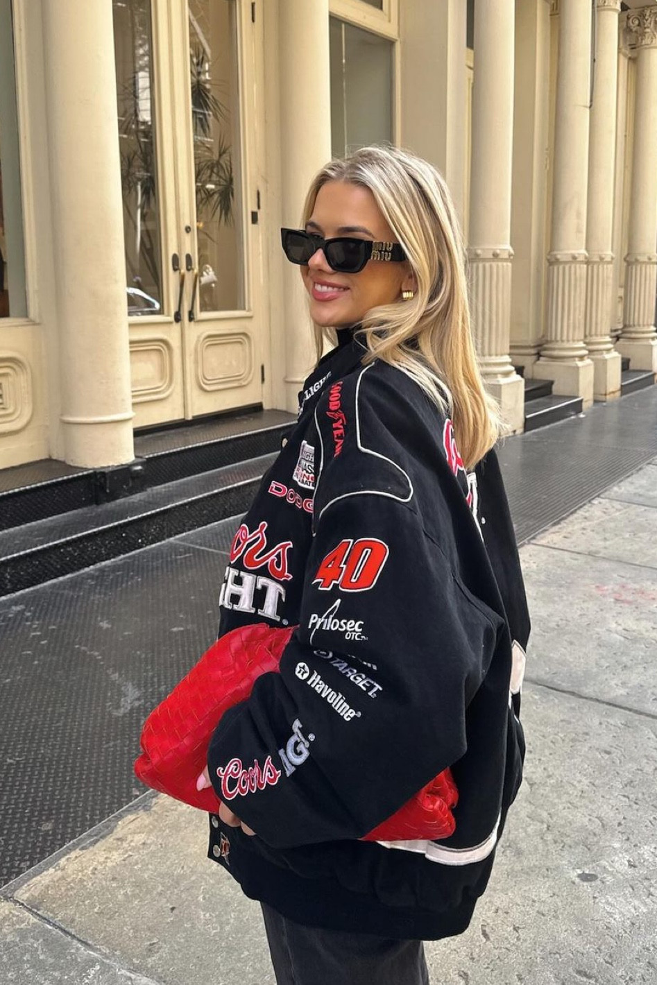 Red bottega bag, black patchwork racer jacket, anthropology red bag, black sunglasses 

#LTKstyletip #LTKeurope #LTKSeasonal