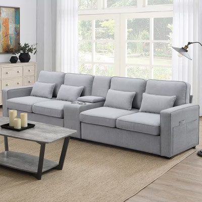 114.2" Modern Linen Upholstered Sectional Sofa with Console with 2 Cupholders, Wired & Wireless Charging, and 4 Pillows | Target