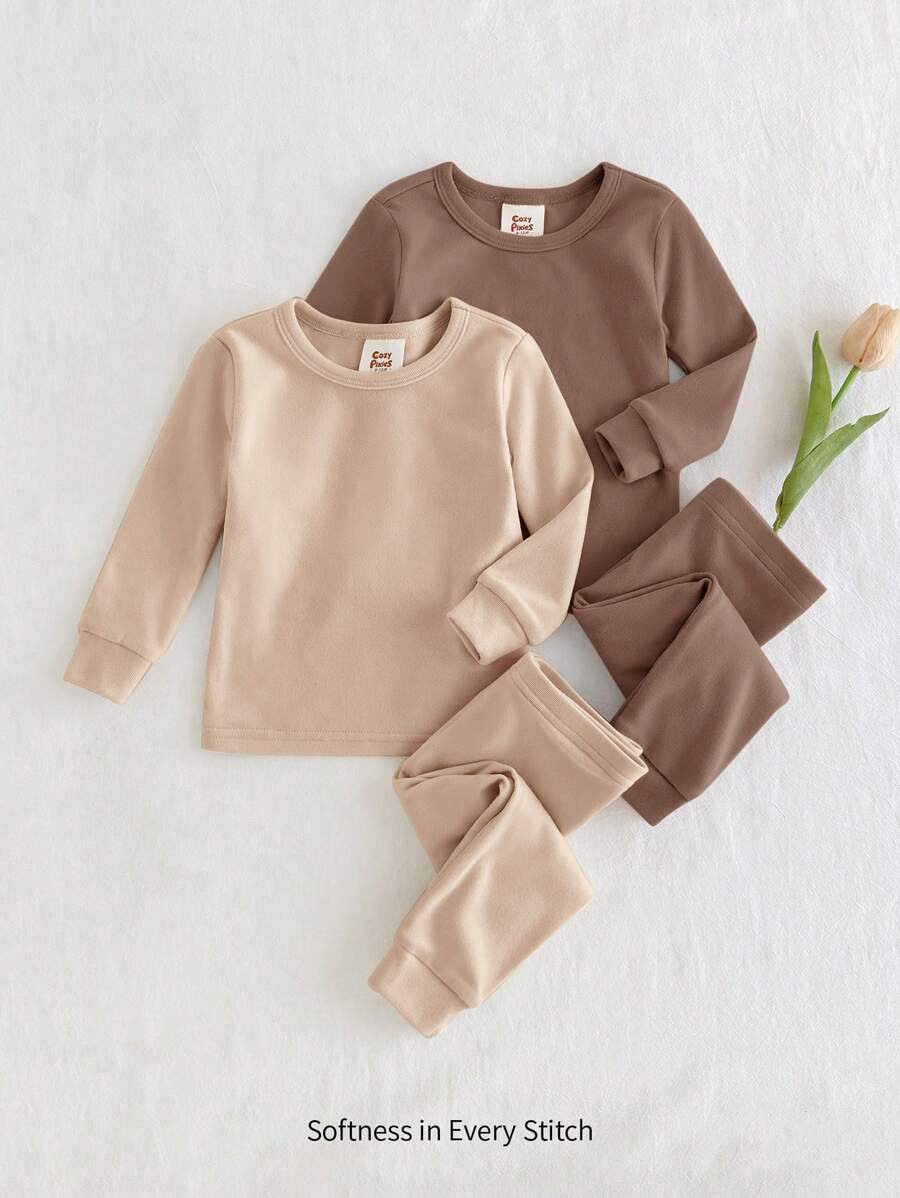 Cozy Pixies 2pcs/Set Baby Girl Snug Fit Pajama, Solid Color Knit Soft Round Neck Long Sleeve Top ... | SHEIN