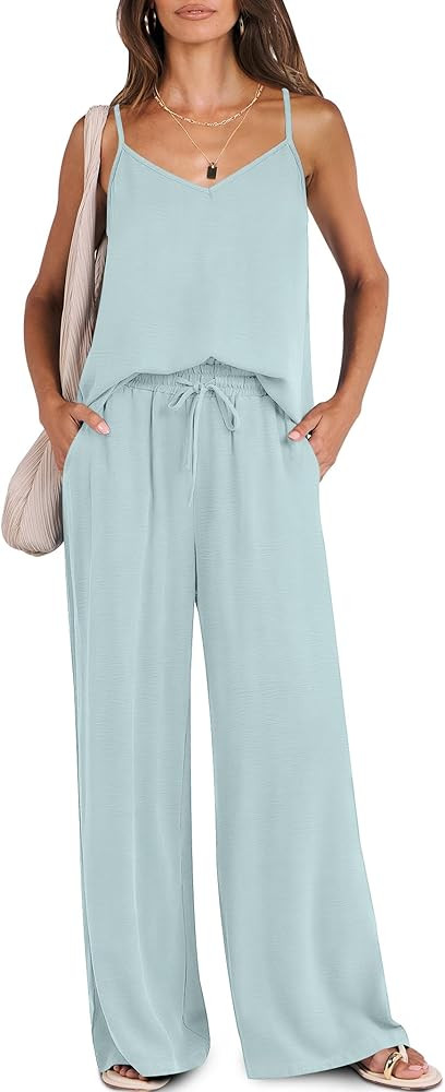 Caracilia 2 Piece Lounge Sets for Women Summer Casual Matching Wide Leg Pants Beach Travel Vacati... | Amazon (US)