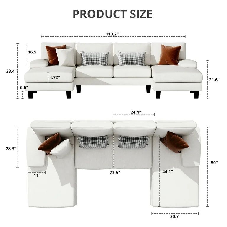 Furmax U-Shaped Sectional Sofa with Chaise, 4 Seats Chenille Fabric Sofa for Living room, White | Walmart (US)