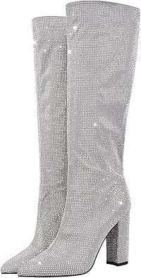 Knee High Boots Chunky Heels Slip-on Point Toe Glitter Booty | Amazon (US)