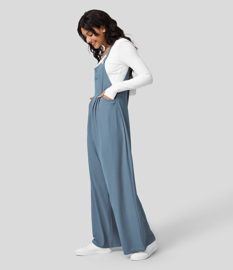 Adjustable Strap Button Multiple Pockets Plicated Waffle Casual Overalls | HALARA