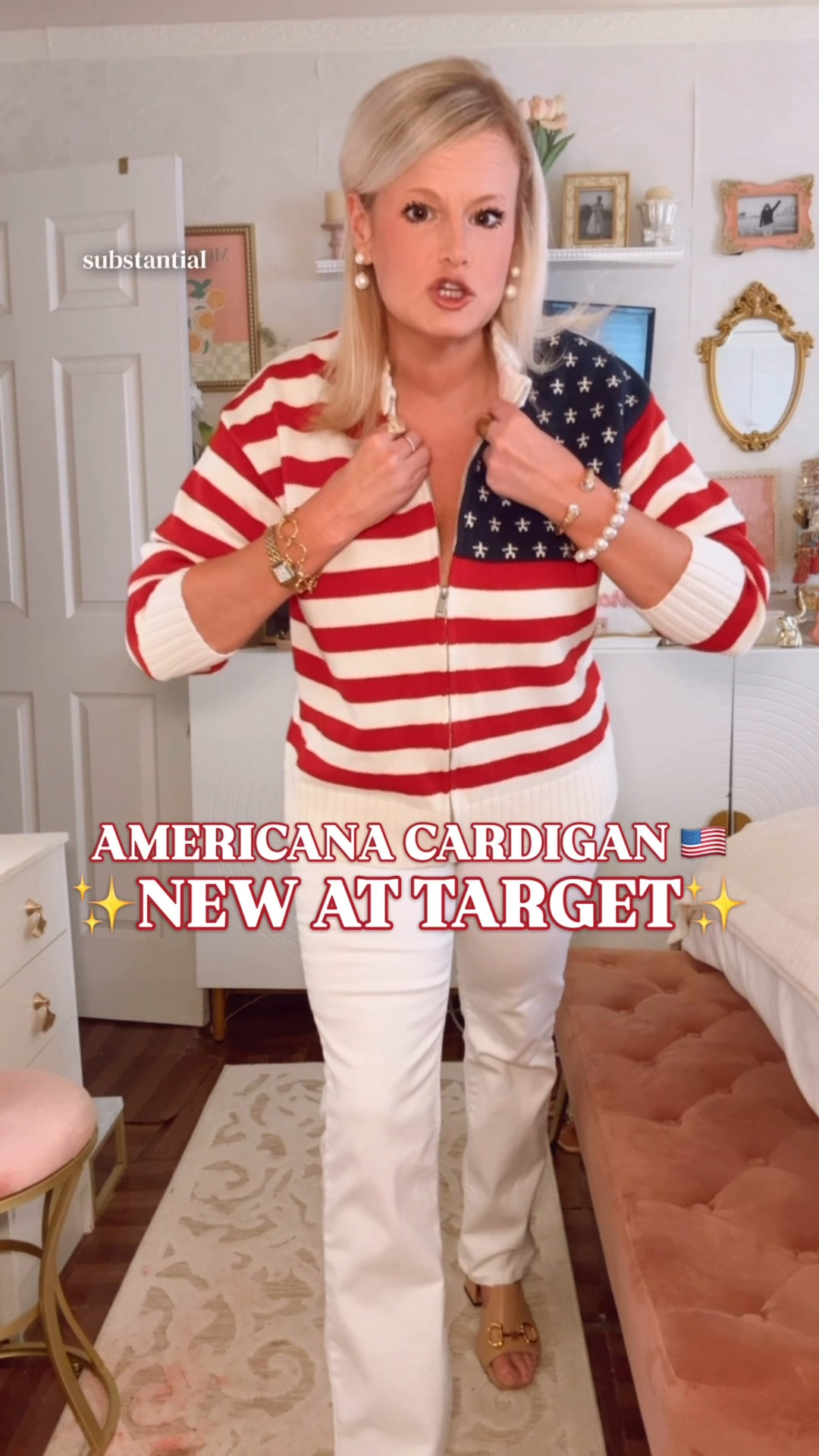 Target Americana cardigan | Fourth of July outfit | July 4th outfit women | flag cardigan | preppy summer style

The easiest Fourth of July layer at Target is this Americana zip cardigan.

The cream base, red and white stripes, navy flag detail, full zip front, ribbed trim, shawl-style neckline, and classic sweater fit give it that Ralph Lauren-inspired New England summer look without the designer price tag.

I’m in a large. I sized up, and if you are between sizes, I would size up.

Wear it with white jeans, denim shorts, white chino shorts, a tank dress, swimsuit, active dress, linen shorts, or tossed over your shoulders with a tee for an easy preppy summer outfit. It works for July 4th fireworks, cookouts, lake weekends, boat days, beach nights, parades, summer travel, school pickup, errands, cool summer nights, and Memorial Day through fall football.

This is one of those Target finds that feels seasonal right now but wearable long after Fourth of July.

Target Americana cardigan, Target cardigan, Target finds, Target style, Target fashion finds, Target new arrivals, Fourth of July outfit, July 4th outfit women, 4th of July outfit, Americana outfit, Americana style, patriotic outfit, red white and blue outfit, American flag cardigan, flag cardigan, flag sweater, Ralph Lauren inspired sweater, Ralph Lauren look for less, preppy summer outfit, coastal summer outfit, New England summer outfit, lake weekend outfit, boat day outfit, beach weekend outfit, summer layer, designer look for less

#LTKFindsUnder50 #FlagSweater #GoingViral #TargetFinds #TargetStyle #FourthOfJulyOutfit #AmericanaStyle #PreppyStyle #LookForLess

#LTKSeasonal #LTKootd #LTKTravel