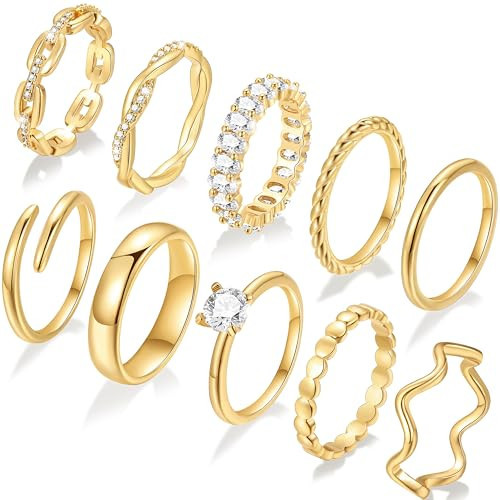 Pls Back 10 PCS 14K Gold Plated Ring Set for Women, Dainty Gold Knuckle Rings Non Tarnish, Simple Thumb Stacking Rings Pack Size 6 | Amazon (US)