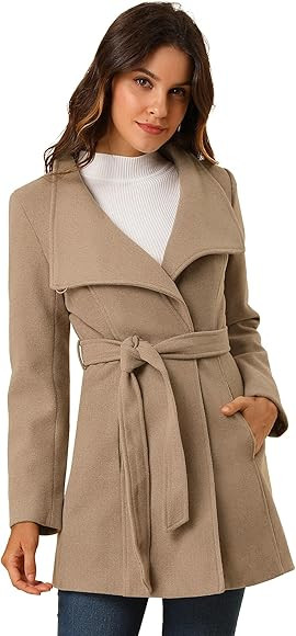 Allegra K Women's Classic Stand Collar Long Sleeve Winter Belted Long Coat | Amazon (US)