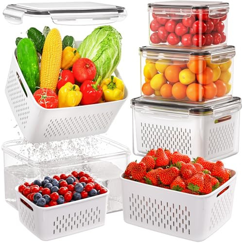 4 PCS Fruit Storage Containers for Fridge, Produce Containers for Fridge with Removable Colander, All-In-One Fruit Washing Bowl with Strainer Microwave/Dishwasher Safe for Salad Berry Lettuce Keeper | Amazon (US)