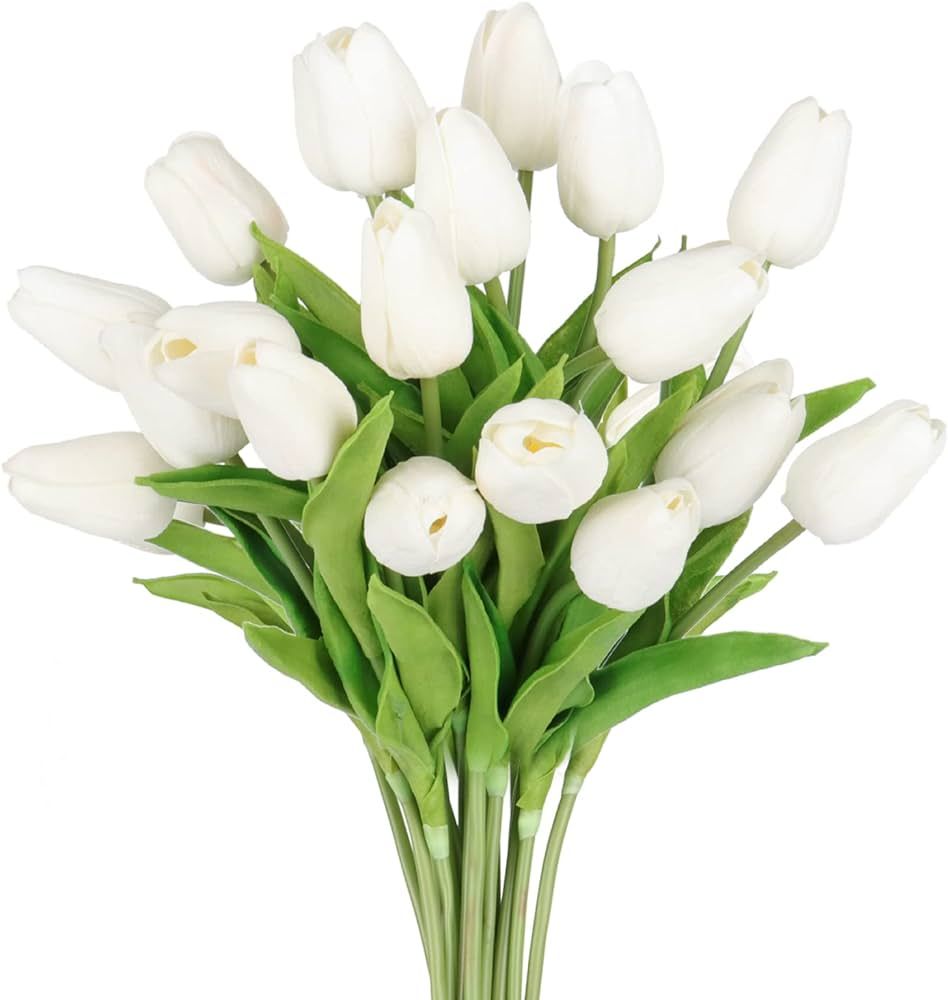 20 Pcs White Tulips Artificial Flowers Fake Tulip Stems Real Touch PU Tulips for Spring Wreath We... | Amazon (US)