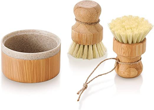 SUBEKYU Bubble Up Bamboo Dish Brush Set with Soap Holder, Wooden Dish Scrubber with Soap Dispense... | Amazon (US)