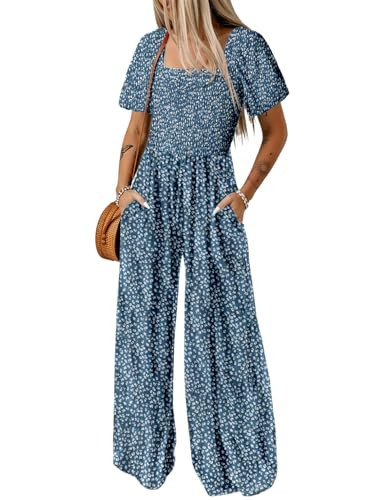 Dokotoo Womens Oversized Jumpsuits for Women Printed Overalls Loose Casual Wide Leg One Piece Jumpsuit Long Pant Rompers with Pockets XX-Large Blue | Amazon (US)