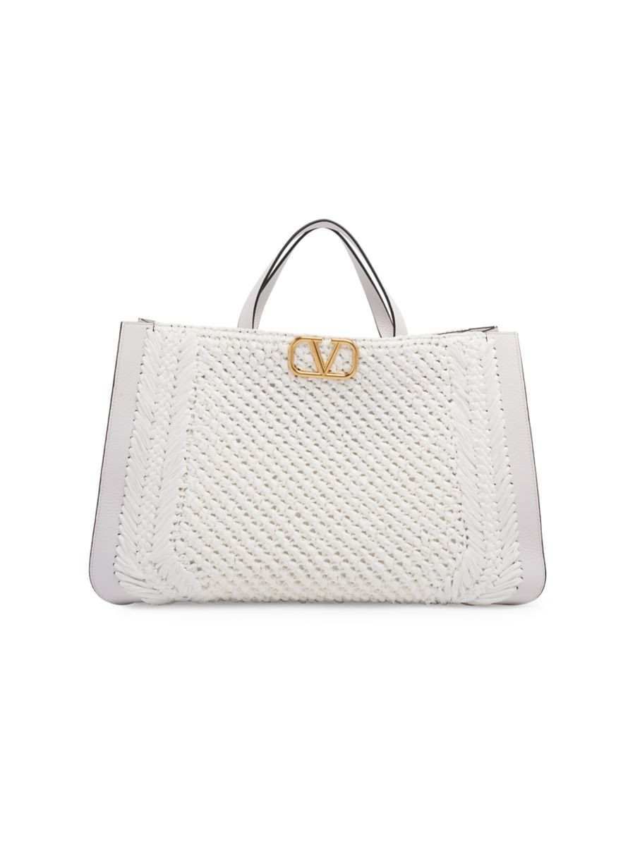VLogo Signature Woven Raffia & Leather Tote | Saks Fifth Avenue