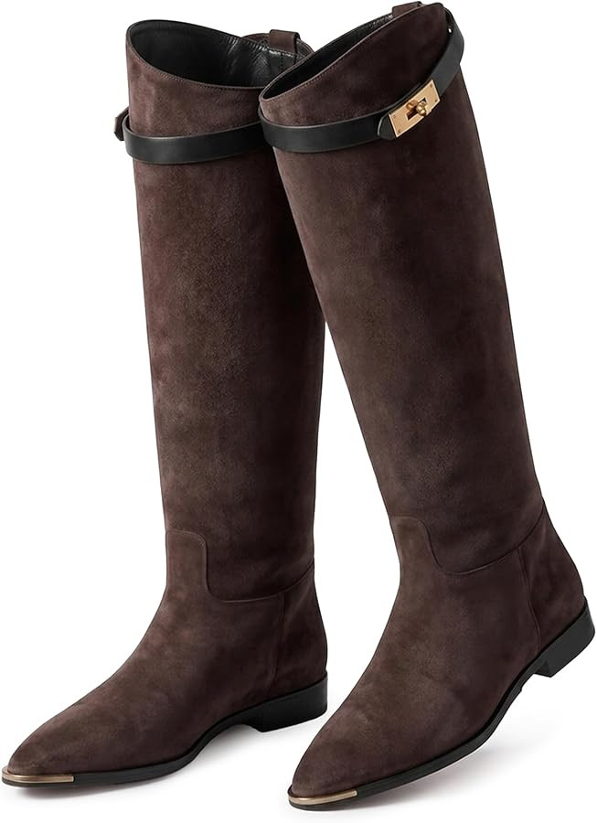 Knee High Boots for Women - Faux Suede Pointed Toe Flat Riding Boots, Low Heel Slip-On Tall Dress... | Amazon (US)