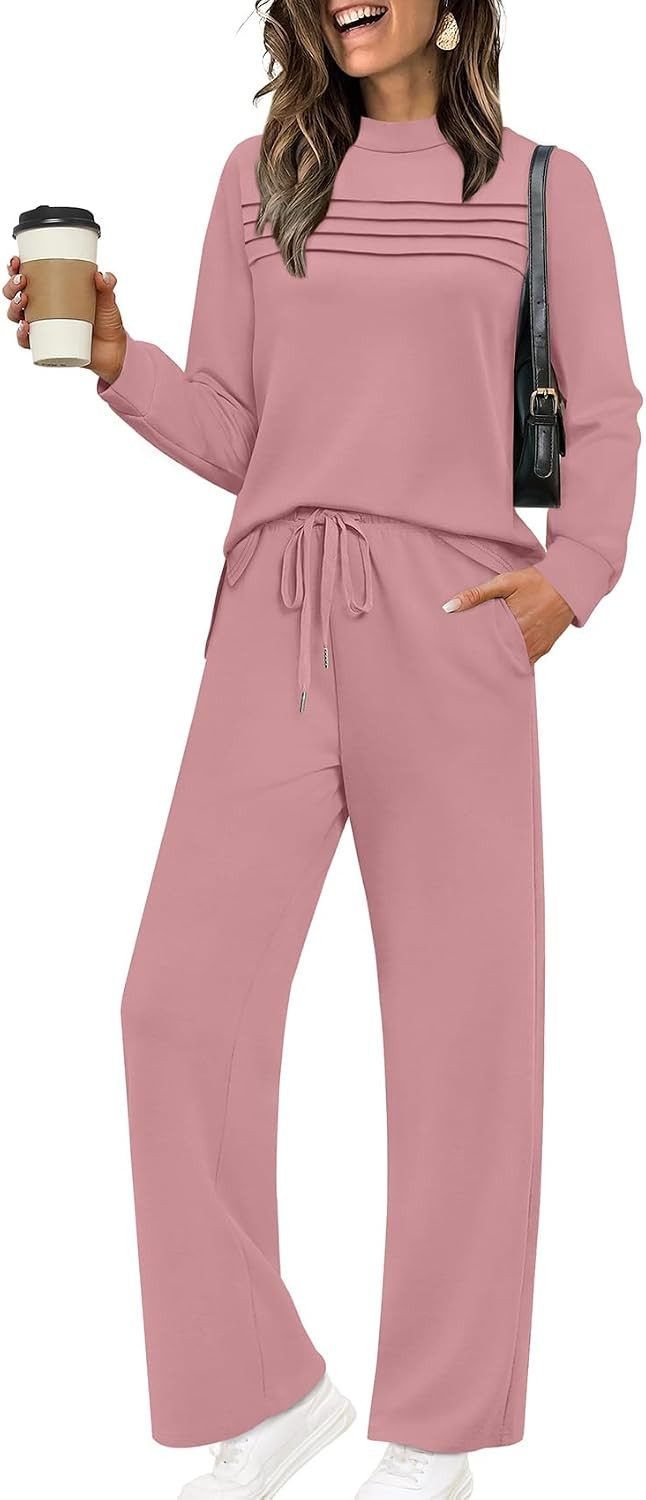 WIHOLL Two Piece Sets for Women Fall Travel Vacation Outfits 2026 Long Sleeve Lounge Sets Side Slit Wide Leg Pants XS-3XL | Amazon (US)