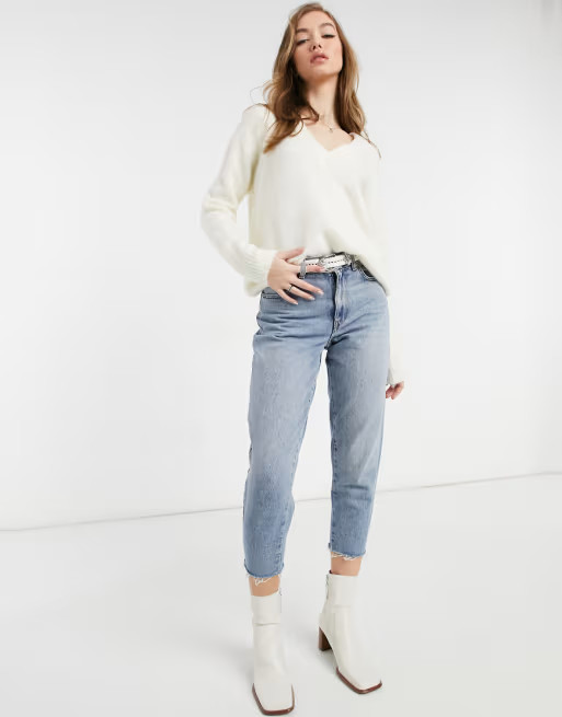 Bershka v-neck fluffy jumper in white | ASOS (Global)