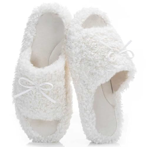 Amazon.com | BOVTY Women's Fuzzy Open-toe Bowknot & Double-Strap Slippers, Memory Foam Non-Slip I... | Amazon (US)