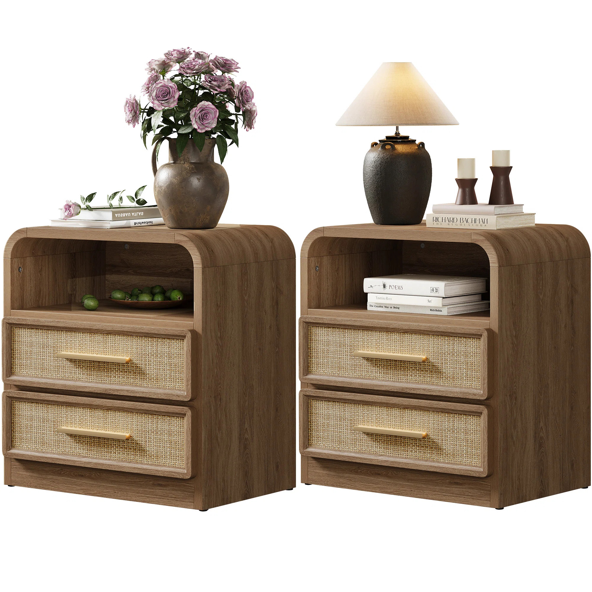 Curved Edge Rattan 2-Drawer Nightstand With Open Shelf Storage (Set of 2) | Wayfair North America