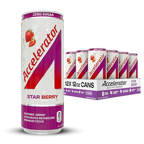 Accelerator Active Energy Drink Sugar Free Zero Carbs, Star Berry 12oz can(12 pack) Enhanced Focus & Sustained Energy from 100% Natural Caffeine (200mg), Ashwagandha, Coq10 & Green Tea Extract | Amazon (US)