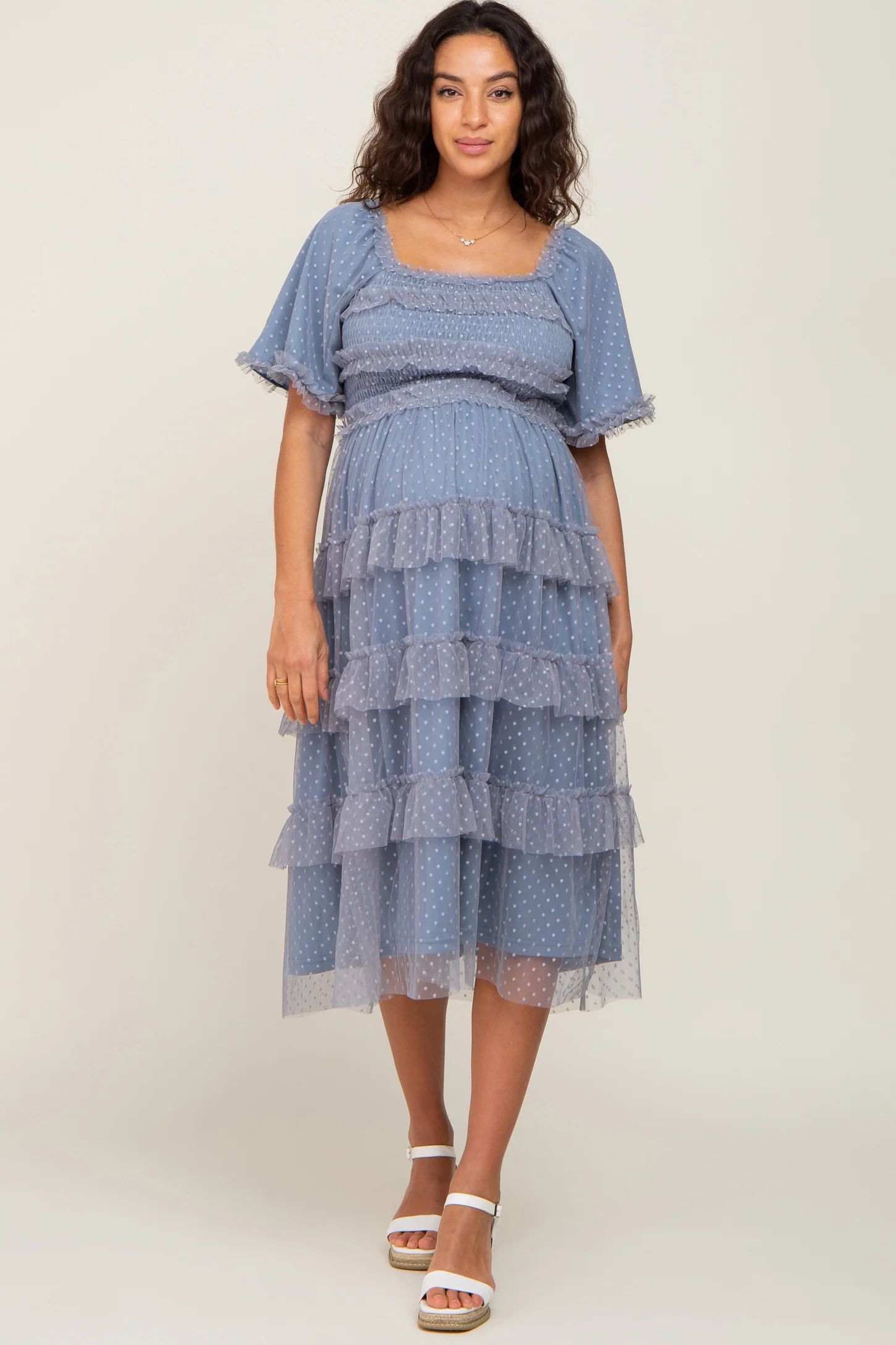 Blue Dot Smocked Ruffle Tiered Maternity Midi Dress | PinkBlush Maternity