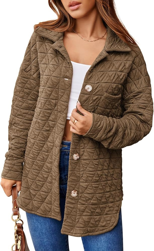 Tankaneo Womens Quilted Jackets Lightweight Shacket Fall Oversized Button Down Coat Outerwear | Amazon (US)