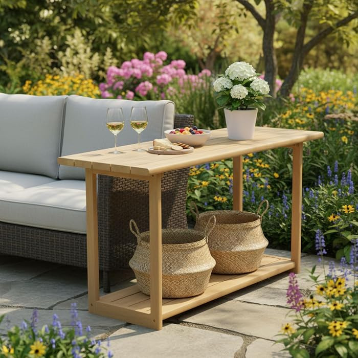 Merax Patio Outdoor Acacia Wood Rectangular Side Table with Shelf, Patio Buffet & Console Table f... | Amazon (US)