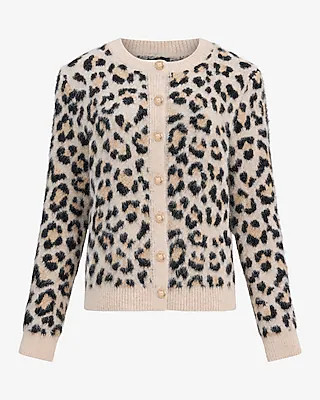 Express Women's Leopard Wool-Blend Crew Neck Novelty Button Cardigan Small | Express