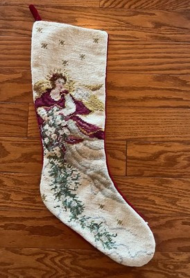 Vintage Wool Needlepoint Christmas Stocking Angel Red Velvet Back 21.5” | eBay US