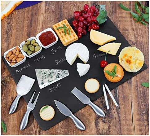 Large Slate Cheese Board and Knife Set, 7 piece w/ FREE 3 Ceramic bowls, Cheese Platter Slate Board, | Amazon (US)