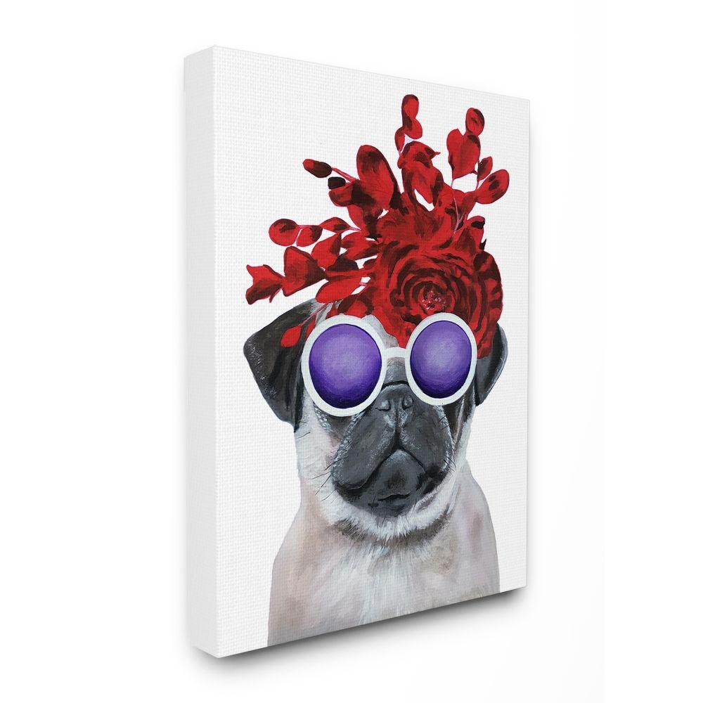 The Stupell Home Decor Collection 11 in. x 14 in. ""Pug Dog With Flower Hat and Purple Glasses"" by  | The Home Depot