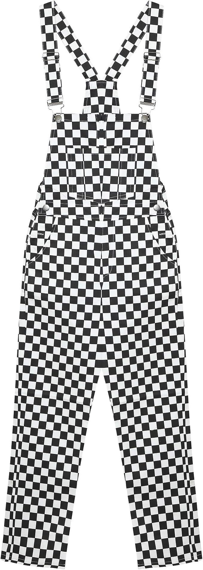 Women's Classic Checkerboard Bib Overalls - Black & White Plaid | Amazon (US)